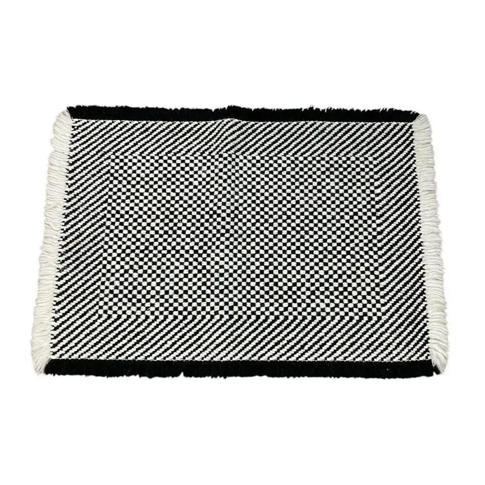 Vintage 1980s Woven Black & White Fringe Placemats Set 2 Checked 17 x 11 Unique